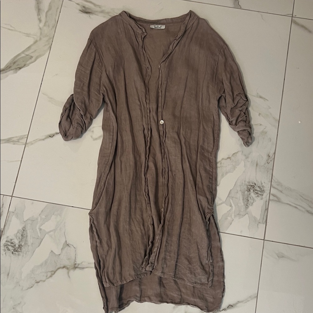 Brown Long Sleeve Linen Button-Up Shirt